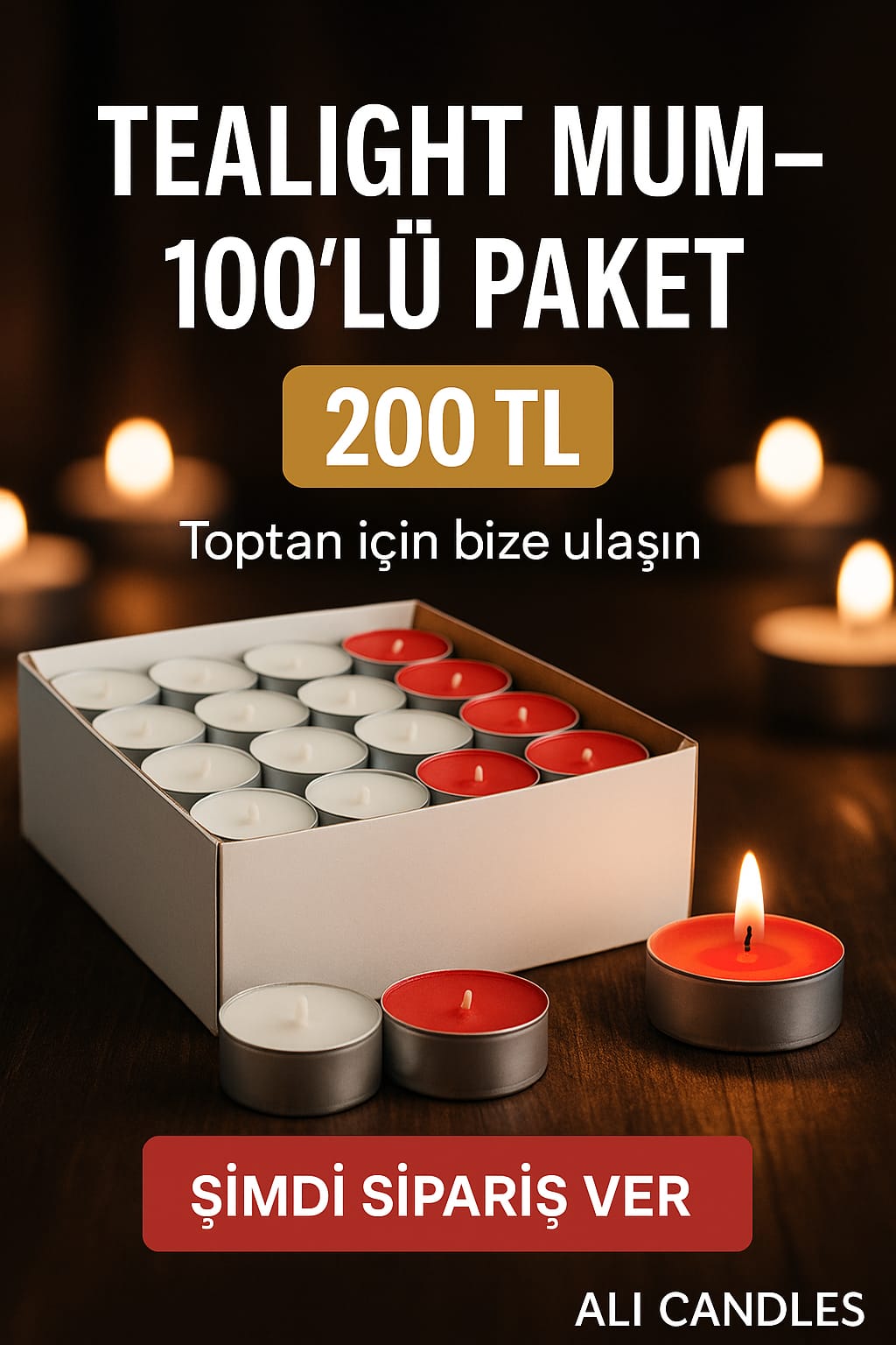 Tealight Mum Kırmızı ve Beyaz 100 Lü Paket Büyük Boy 4 Saat Yanma Süreli