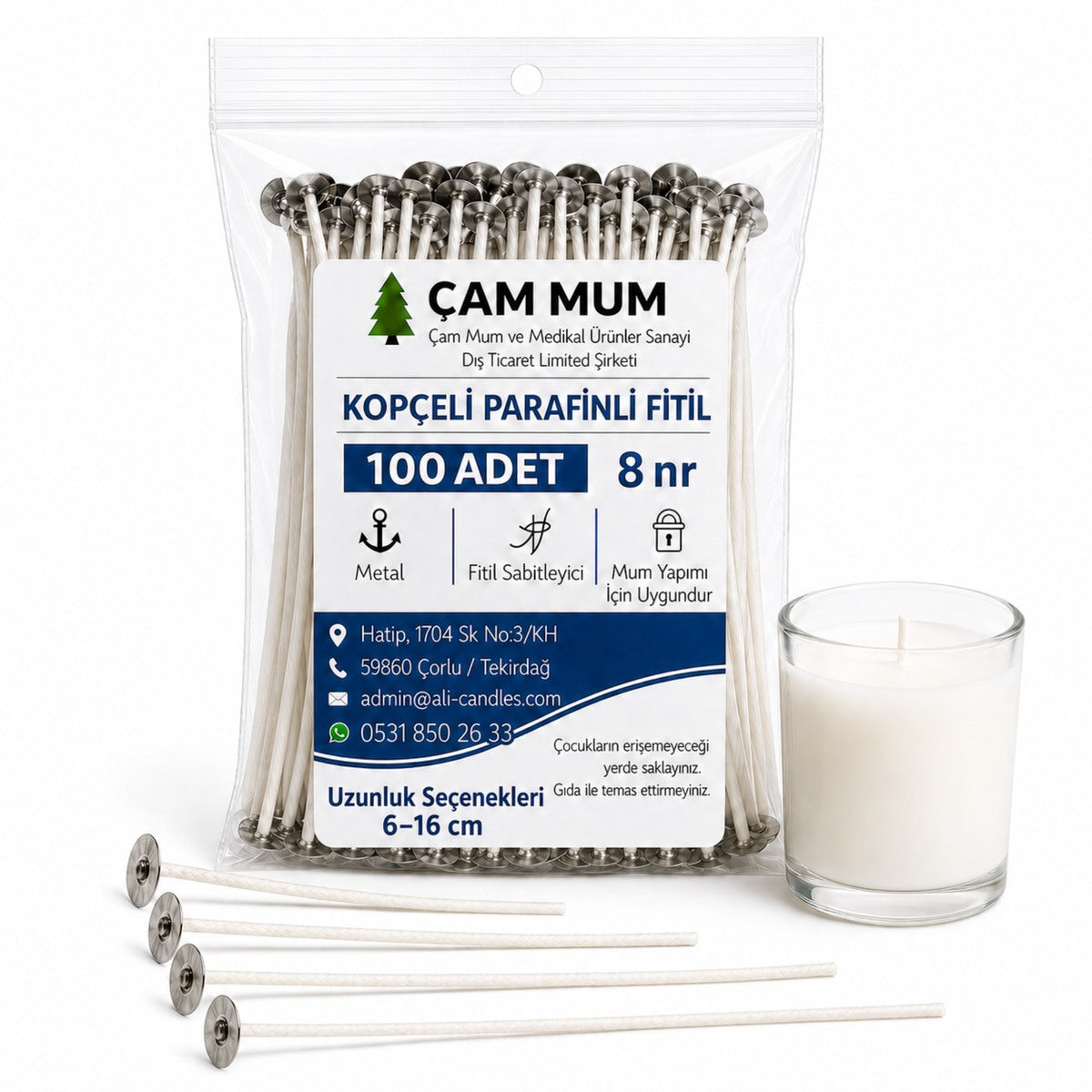Kopçeli Parafinli Mum Fitili – Nr 8 – 100 Adet